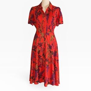 Nanette Lepore Red and Purple Floral Midi Pintuck Flutter Sleeve Shirt Dress 6